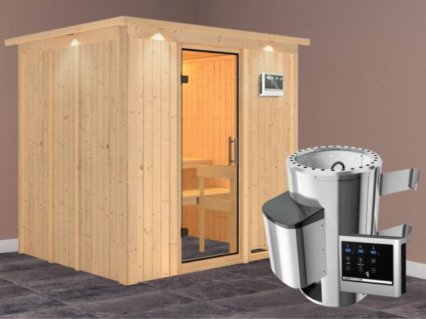 Daria - Karibu Sauna Plug &amp; Play 3,6 kW Ofen, ext. Steuerung - mit Dachkranz - Klarglas Ganzglastür