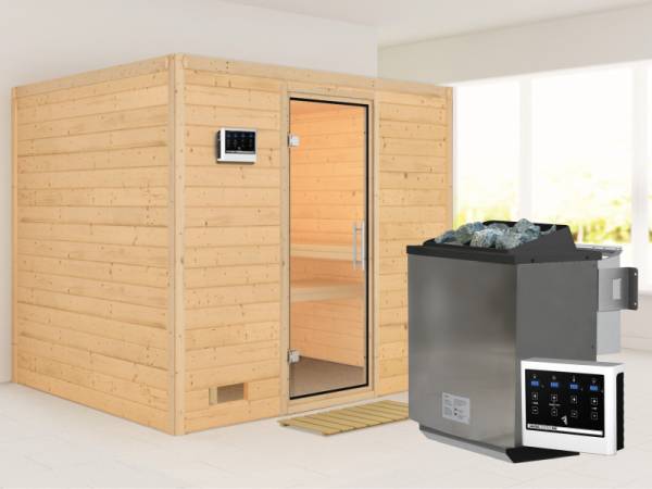 Karibu Sauna Sonara inkl. 9 kW Bio Ofen mit ext. Steuerung, ohne Dachkranz, mit Klarglas Ganzglastür