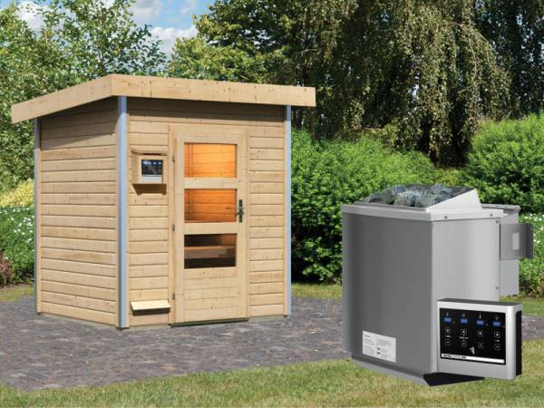 Karibu 38 mm Saunahaus Jorgen - 9 kW Bio Ofen, ext. Steuerung - Moderne Saunatür Karibu 38 mm Saunahaus Jorgen - 9 kW Bio Ofen, ext. Steuerung - Moderne Saunatür