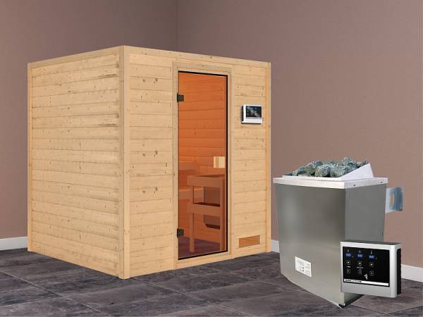 Karibu Woodfeeling Sauna Anja - Classic Saunatür - 4,5 kW Ofen ext. Strg. - ohne Dachkranz