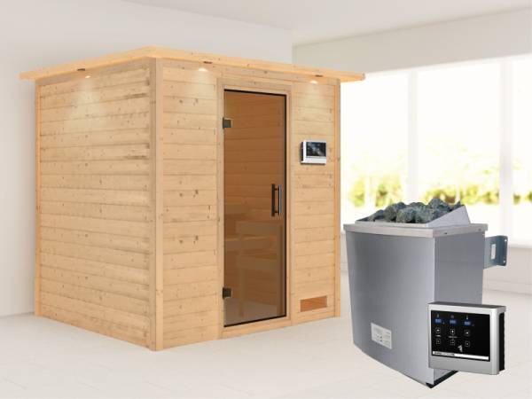 Karibu Sauna Anja - Moderne Saunatür - 4,5 kW Ofen ext. Strg. - mit Dachkranz