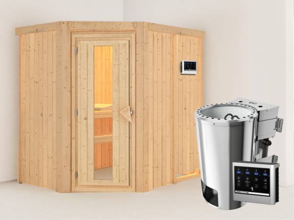 Saja - Karibu Sauna Plug & Play 3,6 kW Bio Ofen, ext. Steuerung - ohne Dachkranz - Energiespartür