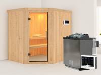 Karibu Sauna Siirin inkl. 9 kW Bioofen mit ext. Steuerung mit Klarglas Ganzglastür -ohne Dachkranz-