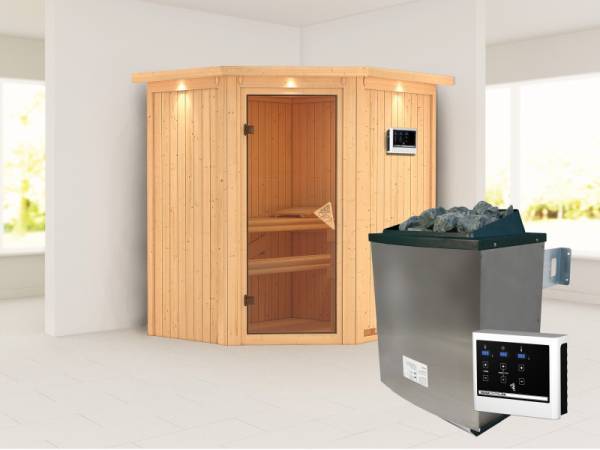 Karibu Sauna Taurin inkl. 9 kW Ofen ext. Steuerung, mit bronzierter Ganzglastür - mit Dachkranz -