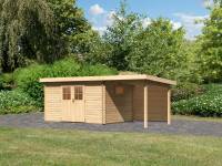 Karibu Gartenhaus Torgau 4 natur mit Anbaudach 2,3 m inkl. Rückwand