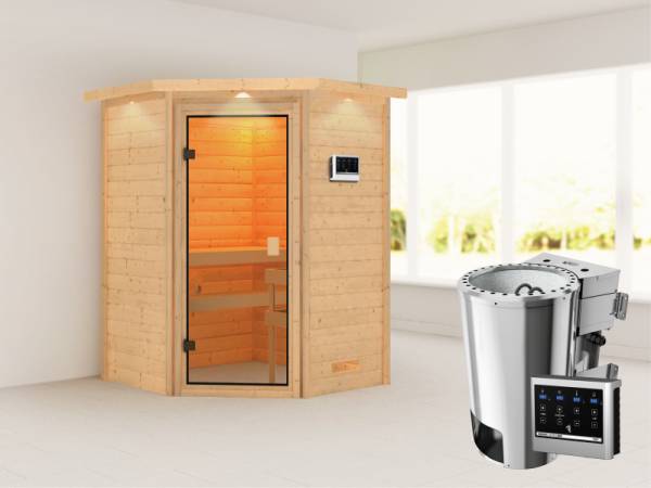 Alicja - Karibu Sauna Plug &amp; Play inkl. 3,6 kW-Bioofen - mit Dachkranz -