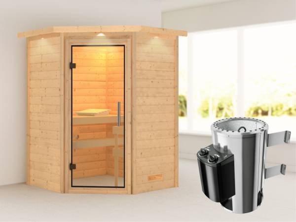 Alicja - Karibu Sauna Plug &amp; Play 3,6 kW Ofen, int. Steuerung - mit Dachkranz - Klarglas Ganzglastür