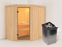 Karibu Sauna Carin inkl. 9 kW Ofen integr. Steuerung mit Klarglas Ganzglastür - ohne Dachkranz -