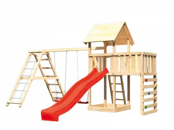 Akubi Spielturm Lotti Satteldach + Rutsche rot + Doppelschaukel Klettergerüst + Anbauplattform + Kletterwand
