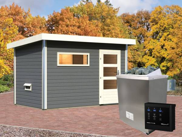 Karibu Aktionssaunahaus Erik 1 38 mm mit 9 kW Ofen ext. Strg. terragrau Karibu Aktionssaunahaus Erik 1 38 mm mit 9 kW Ofen ext. Strg. terragrau