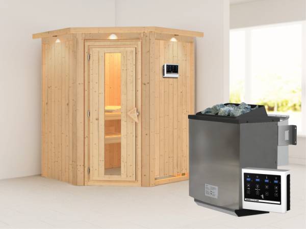 Karibu Sauna Larin- energiesparende Saunatür- 4,5 kW Bioofen ext. Strg- mit Dachkranz