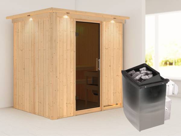 Karibu Sauna Bodin- moderne Saunatür- 4,5 kW Ofen integr. Strg- mit Dachkranz