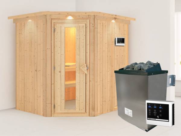 Karibu Sauna Siirin 68 mm- energiesparende Saunatür- 4,5 kW Ofen ext. Strg- mit Dachkranz