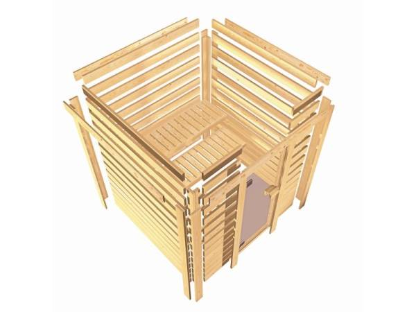 Karibu Woodfeeling Sauna Franka - Moderne Saunatür - 4,5 kW Ofen integr. Strg - ohne Dachkranz
