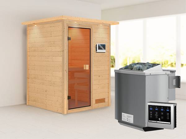 Karibu Woodfeeling Sauna Svenja- klassische Saunatür- 4,5 kW Bioofen ext. Strg- mit Dachkranz