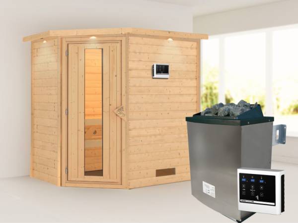 Karibu Sauna Svea - energiesparende Saunatür - 4,5 kW BIO-Ofen ext. Strg. - mit Dachkranz