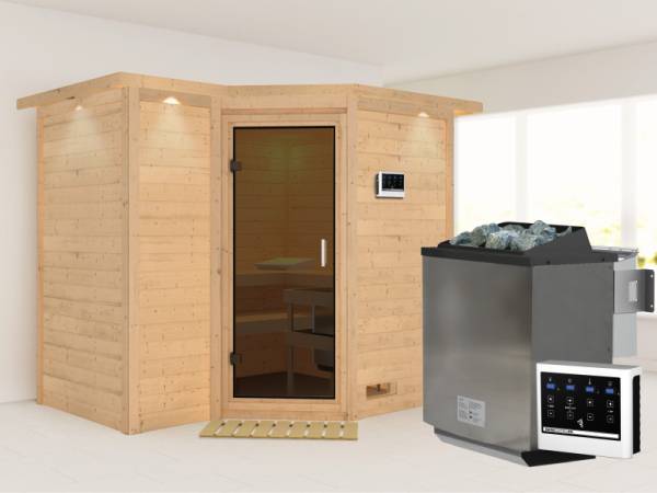 Karibu Sauna Sahib 2 inkl. 9-kW-Bioofen mit externer Steuerung, mit Dachkranz, mit moderner Saunatür