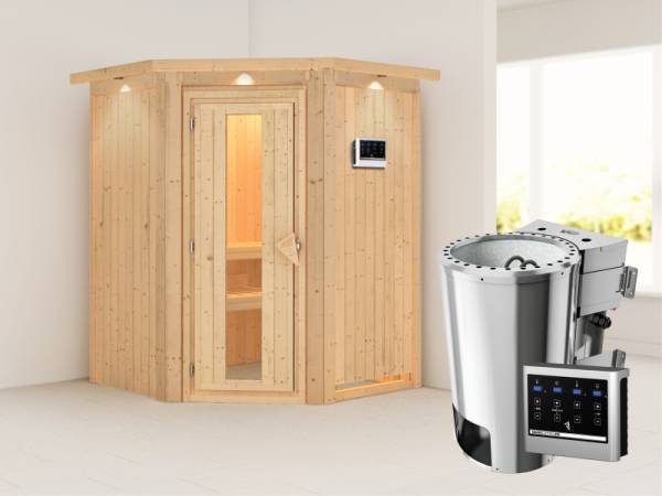 Nanja - Karibu Sauna Plug & Play 3,6 kW Bio Ofen, ext. Steuerung - mit Dachkranz - Energiespartür