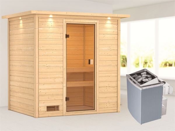 Karibu Sauna Selena mit 9 kW Ofen integr. Strg und Dachkranz 38 mm Karibu Sauna Selena mit 9 kW Ofen integr. Strg und Dachkranz 38 mm