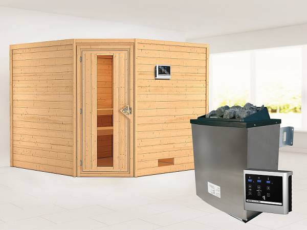 Karibu Sauna Leona 38 mm ohne Dachkranz- 9 kW Ofen ext. Strg- energiesparende Tür