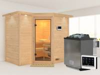Karibu Sauna Sahib 2 inkl. 9 kW Bio Ofen mit ext. Steuerung, mit Dachkranz, mit Klarglas Ganzglastür