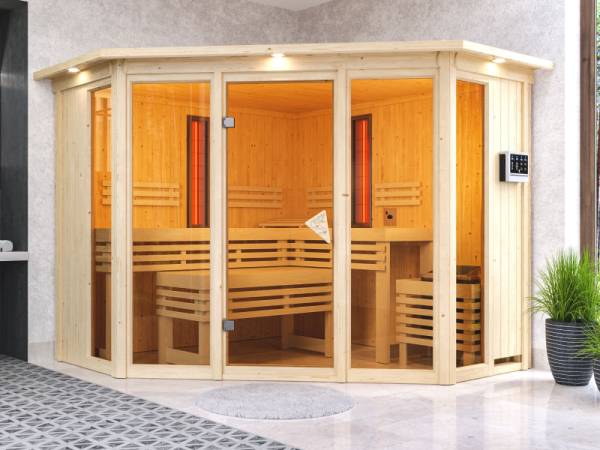Karibu Multifunktions-Sauna Asta mit Dachkranz, 9 kW Bioofen und Infrarotstrahler