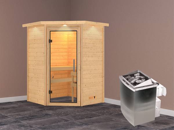 Karibu Woodfeeling Sauna Franka - Klarglas Saunatür - 4,5 kW Ofen integr. Strg - mit Dachkranz