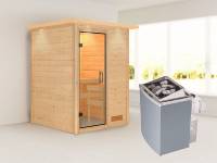 Karibu Woodfeeling Sauna Svenja- Klarglas Saunatür- 4,5 kW Ofen integr. Strg- mit Dachkranz
