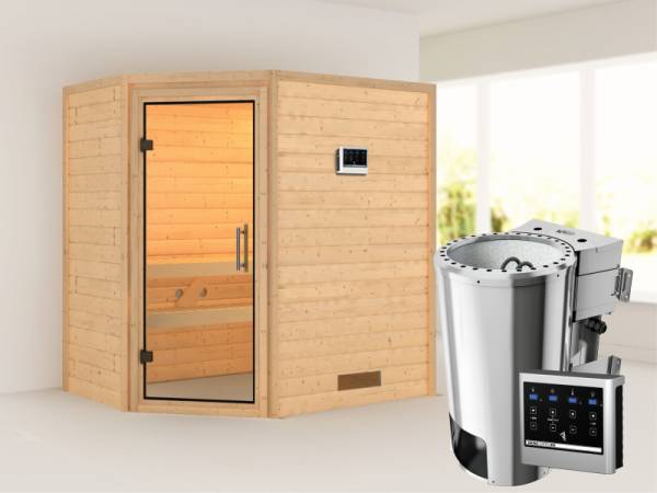 Cilja - Karibu Sauna Plug & Play 3,6 kW Bio Ofen, ext. Steuerung - ohne Dachkranz - Klarglas Ganzglastür
