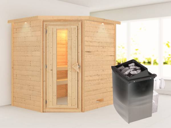 Karibu Sauna Mia- energiesparende Saunatür- 4,5 kW Ofen integr. Strg- mit Dachkranz