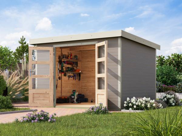 Karibu Hybrid Gartenhaus Jupiter 5 D wassergrau/weiß