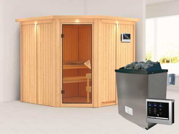 Jarin - Karibu Sauna inkl. 9-kW-Ofen - mit Dachkranz -