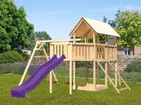 Akubi Spielturm Danny Satteldach + Rutsche violett + Doppelschaukel + Anbauplattform XL + Netzrampe