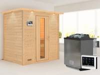 Karibu Sauna Sonja inkl. 9 kW Bioofen ext. Steuerung mit energiesparender Saunatür -mit Dachkranz-