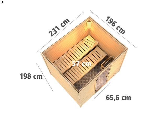 Karibu Sauna Karla 38 mm ohne Dachkranz- 9 kW Ofen ext. Strg- moderne Tür