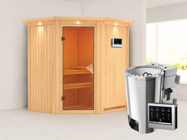 Tonja - Karibu Sauna Plug & Play inkl. 3,6 kW-Bioofen ext. Steuerung - mit Dachkranz -