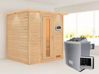 Karibu Sauna Anja - energiesparende Saunatür - 4,5 kW Ofen ext. Strg. - mit Dachkranz