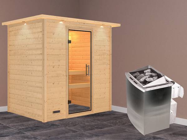 Karibu Woodfeeling Sauna Sonja - Klarglas Saunatür - 4,5 kW Ofen integr. Strg. - mit Dachkranz