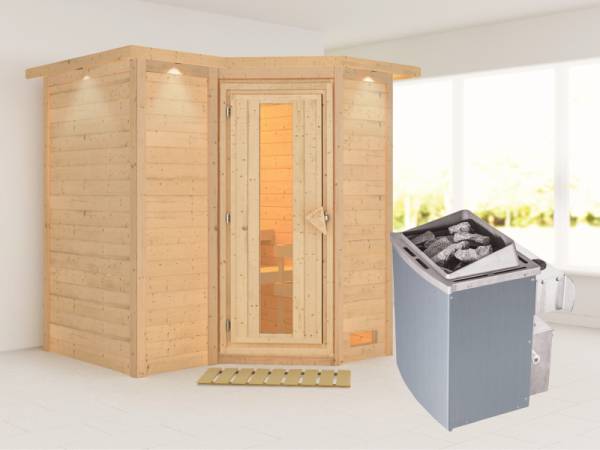 Karibu Sauna Sahib 1 inkl. 9-kW-Ofen mit interner Steuerung, mit Dachkranz, mit energiesparender Saunatür