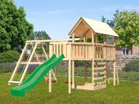 Akubi Spielturm Danny Satteldach + Rutsche grün + Doppelschaukelanbau Klettergerüst + Anbauplattform XL + Kletterwand