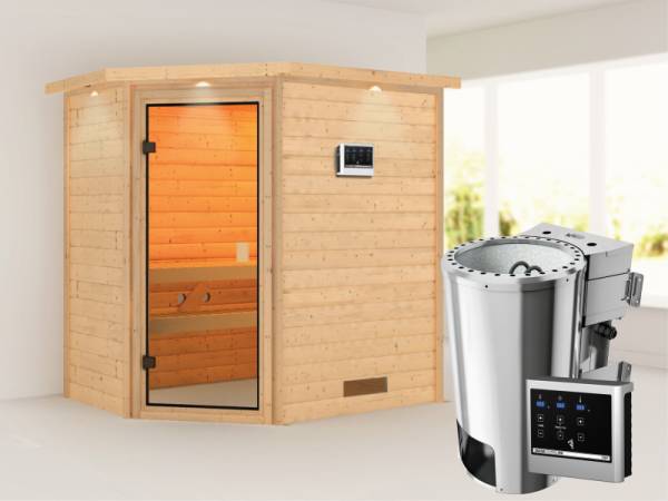 Cilja - Karibu Sauna Plug & Play inkl. 3,6 kW-Bioofen - mit Dachkranz -
