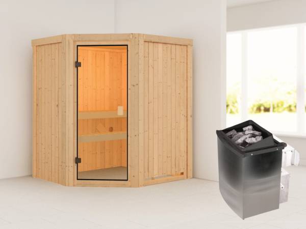 Karibu Sauna Faurin inkl. 9 kW Ofen integr. Steuerung mit klassischer Saunatür -ohne Dachkranz-