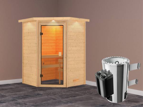 Alicja - Karibu Sauna Plug &amp; Play inkl. 3,6 kW-Ofen - mit Dachkranz -