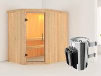 Saja - Karibu Sauna Plug & Play 3,6 kW Ofen, int. Steuerung - ohne Dachkranz - Klarglas Ganzglastür