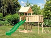 Akubi Spielturm Lotti natur mit Anbauplattform XL, Netzrampe und Rutsche grün
