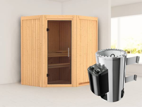 Tonja - Karibu Sauna Plug & Play 3,6 kW Ofen, int. Steuerung - ohne Dachkranz - Moderne Saunatür
