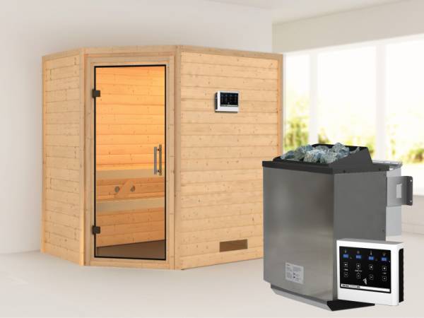 Karibu Sauna Svea - Klarglas Saunatür - 4,5 kW BIO-Ofen ext. Strg. - ohne Dachkranz
