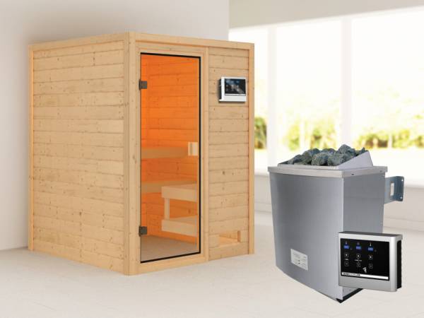 Karibu Woodfeeling Sauna Sandra mit 4,5 kW Ofen ext. Strg ohne Dachkranz Karibu Woodfeeling Sauna Sandra mit 4,5 kW Ofen ext. Strg ohne Dachkranz
