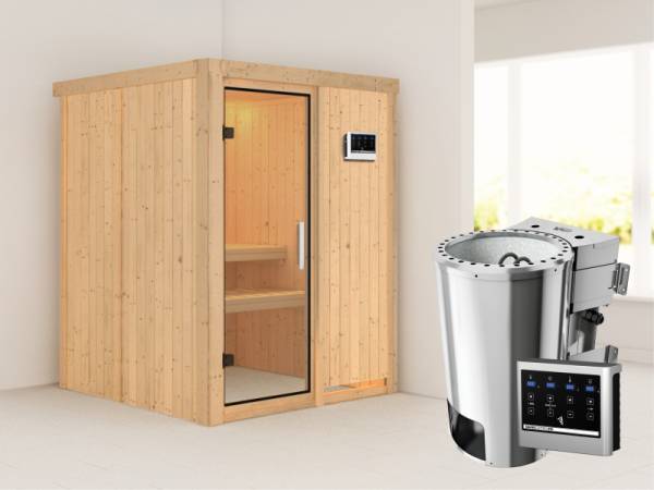 Minja - Karibu Sauna Plug & Play 3,6 kW Bio Ofen, ext. Steuerung - ohne Dachkranz - Klarglas Ganzglastür