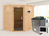 Karibu Sauna Mia inkl. 9 kW Ofen ext. Steuerung, mit moderner Saunatür -mit Dachkranz-